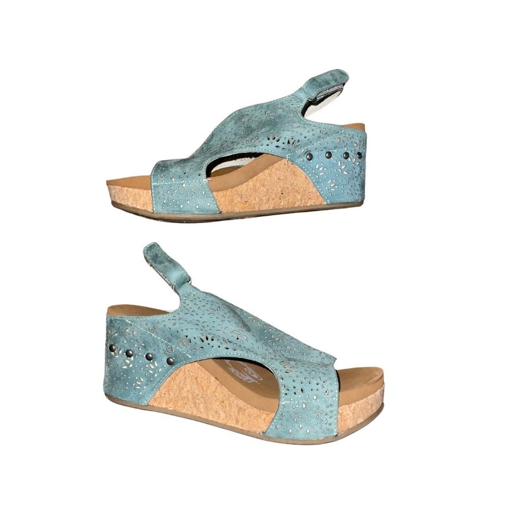 Very G. Free Fly 3 Wedges Turquoise Cork Heel Sandal SZ 8 Artsy Boho Chic Indie